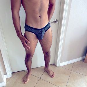 Andrew Christian bikini briefs. Black with white stripes.